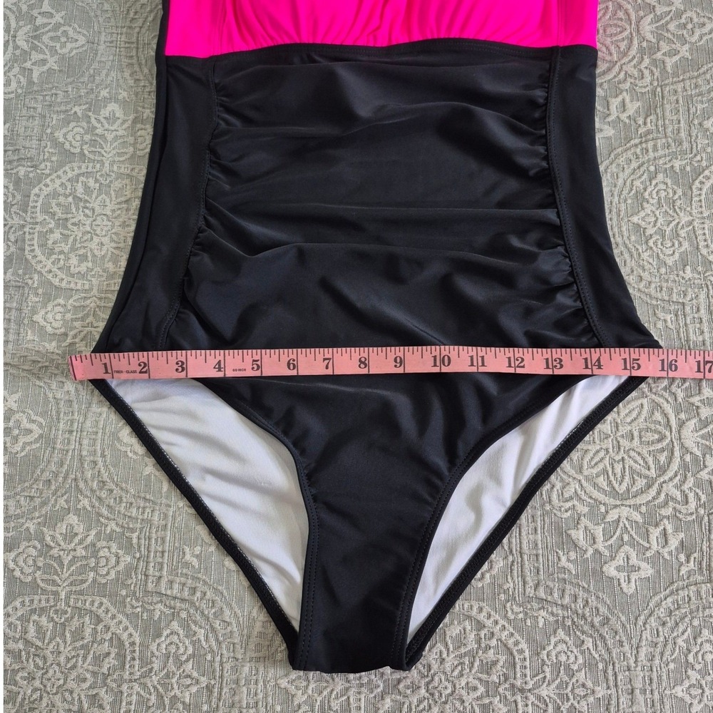 Aqua Eve One Piece Swimsuit Neon Pink Black Ruched Tummy Control Large NWT - Picture 5 of 7